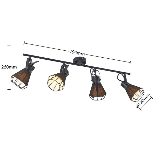 Deckenleuchte mit vier Strahlern, Gesamtlänge 794 Millimeter, Höhe 260 Millimeter, Durchmesser je Strahler 120 Millimeter