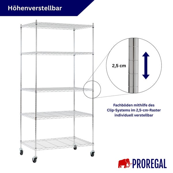 Höhenverstellbares Drahtgitterregal aus Chrom mit fünf Fachböden auf Rollen. Fachböden im 2,5 Zentimeter Raster verstellbar. PROREGAL Logo.