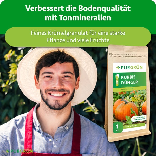 Ein glücklicher Gärtner mit einem Beutel Purgrün Kürbis Dünger mit Tonmineralien für kräftige Pflanzen und eine reiche Ernte.