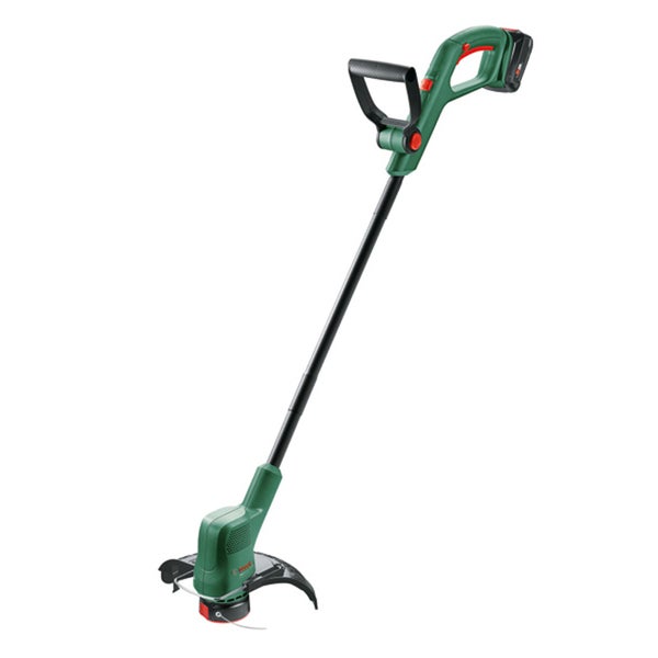 Bosch Akku Rasentrimmer mit verstellbarem Zusatzhandgriff fuer die Gartenpflege.