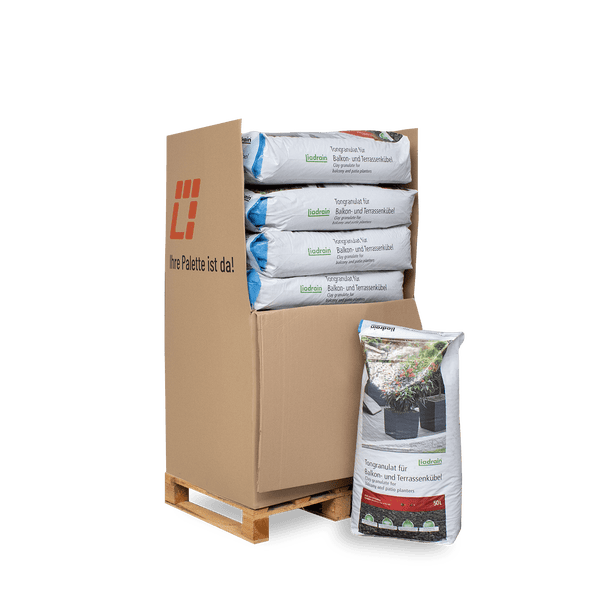 Palette mit Liadrain Tongranulat für Balkon- und Terrassenkübel in 50 Liter Säcken, Li Logo.