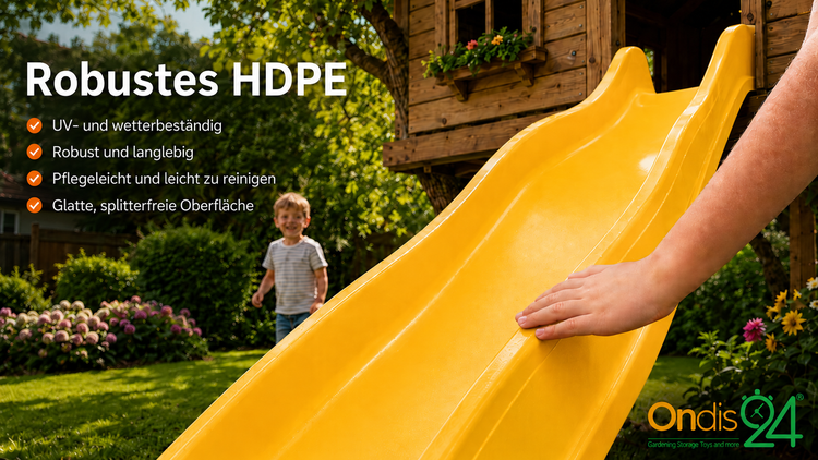 Rutsche aus robustem Polyethylen hoher Dichte im Garten mit Spielhaus und Kind. Wetterbeständig, glatt und splitterfrei. Ondis24 Logo.