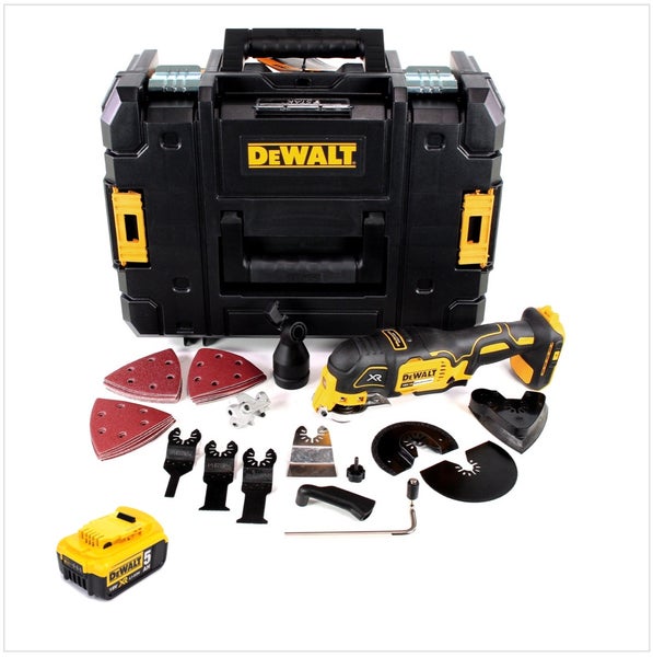 DeWALT Akku-Multitool-Set mit 18 Volt Akku, TSTAK Koffer und umfangreichem Zubehör wie Schleifplatten und Sägeblättern.