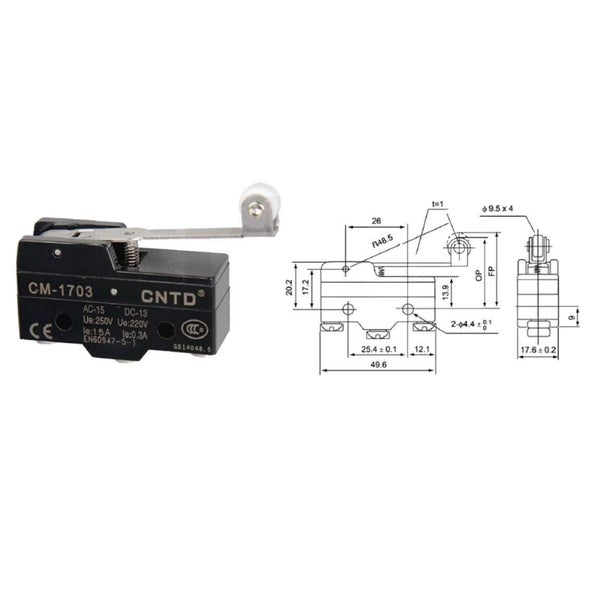 CNT D CM 1703 Rollenhebelschalter mit technischer Maßzeichnung für industrielle Anwendungen.