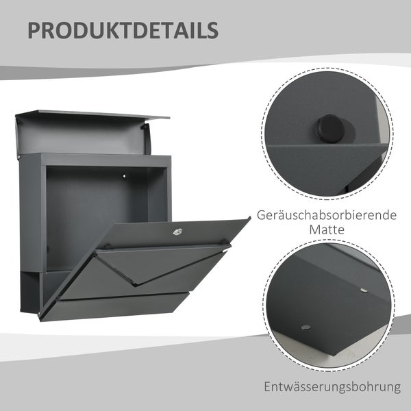 HOMCOM Briefkasten Wandbriefkasten mit Schloss, Deckel, Postkasten aus Verzinktem Stahl, für Outdoor, 37 x 10,5 x 37 cm, Dunkelgrau
