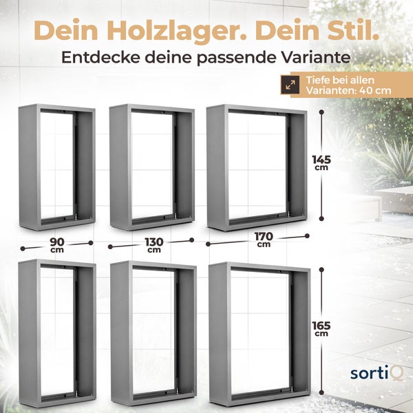 Verschiedene Größen eines grauen Holzregals mit den Maßen 90 Zentimeter, 130 Zentimeter und 170 Zentimeter Breite sowie 145 Zentimeter und 165 Zentimeter Höhe