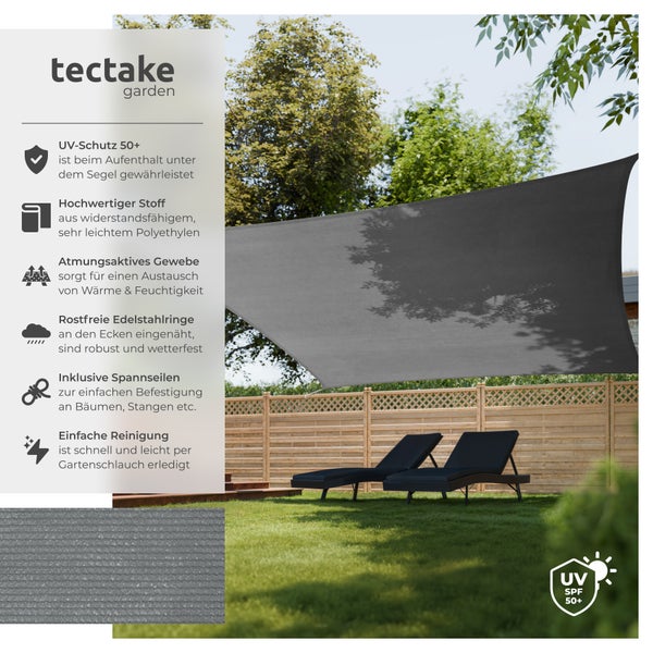 Sonnensegel tectake  inklusive Spannseile rechteckig mit UV-Schutz 50+ grau