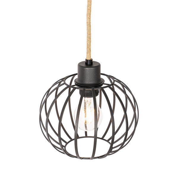 Hängelampe mit runder Metallstruktur und Textilkabel