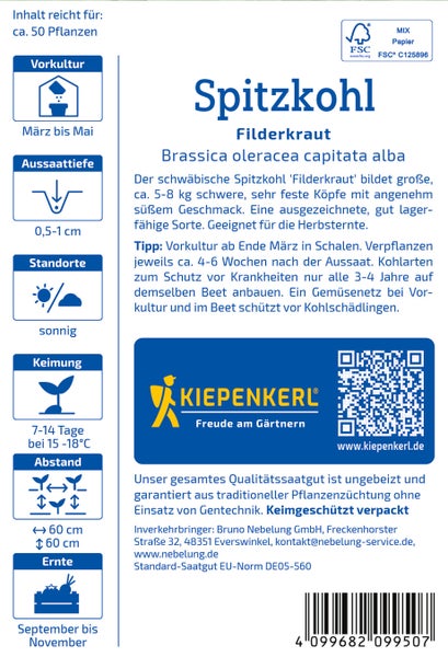 Saatgut für Filderkraut Spitzkohl mit Anbauinformationen und Kiepenkerl Logo