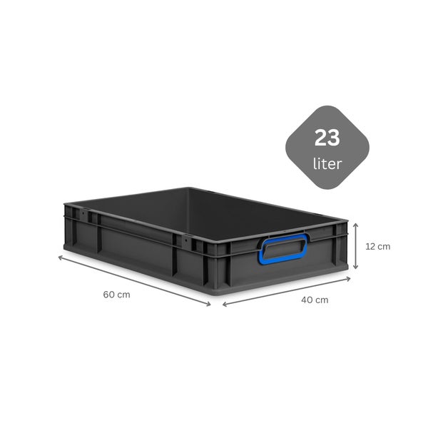 PROREGAL SuperSparSet 10x Eurobox NextGen Color mit Scharnierdeckel und Schiebeschnappverschlüssen, HxBxT 12x40x60cm, 23 Liter, Schwarz, Griffe blau geschlossen, Eurobehälter, Transportbox, Transportbehälter, Stapelbehälter