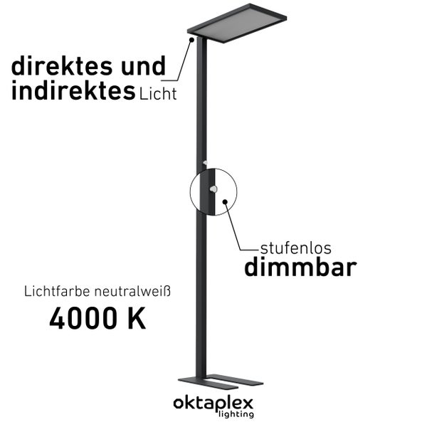 Büro Stehleuchte Malmö dimmbar neutralweiß 4000K 7500lm Licht für Arbeitsplatz Deckenfluter Aluminium schwarz 60W