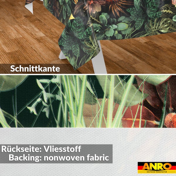 ANRO Tischdecke mit tropischem Blattmuster, Schnittkante und Vliesstoff-Rückseite. ANRO Deutsche Manufaktur Logo.