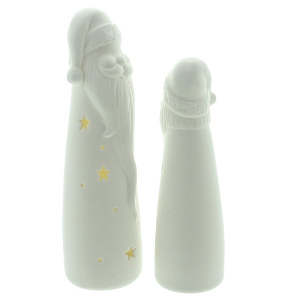 Zwei Weihnachtsmann-Keramikfiguren mit Sternmotiven