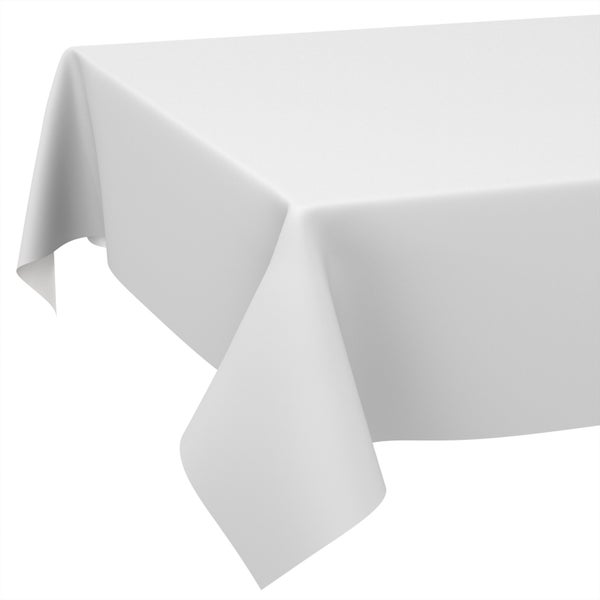 Weiße, rechteckige Tischdecke, über eine Tischecke drapiert.