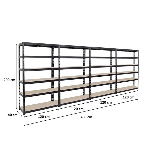 PROREGAL Mega Deal 4x Schwerlastregal Giant Tiger HxBxT 200 x 120 x 40 cm Fachlast 265 kg 6-Ebenen Schwarz