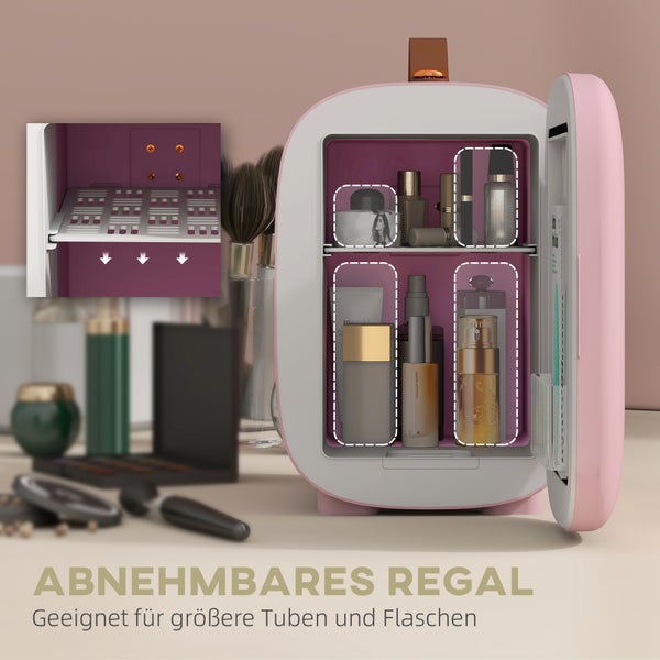 Offener Beauty-Kühlschrank mit abnehmbarem Regalboden für große Kosmetikflaschen und Tuben.