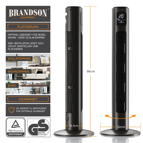 Brandson Turmventilator mit 3 Geschwindigkeiten, Oszilation 60°, Standventilator, mobiler Lüfter, Säulenventilator, 96 cm, Ventilator
