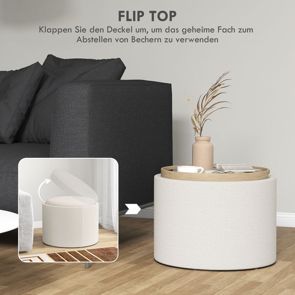 HOMCOM Sitzhocker mit Stauraum Hocker mit Klappdeckel, Runder Fußhocker Sitzwürfel Aufbewahrungsbox Polsterhocker, Leinenoptik 56 x 42 x 42 cm Cremeweiß