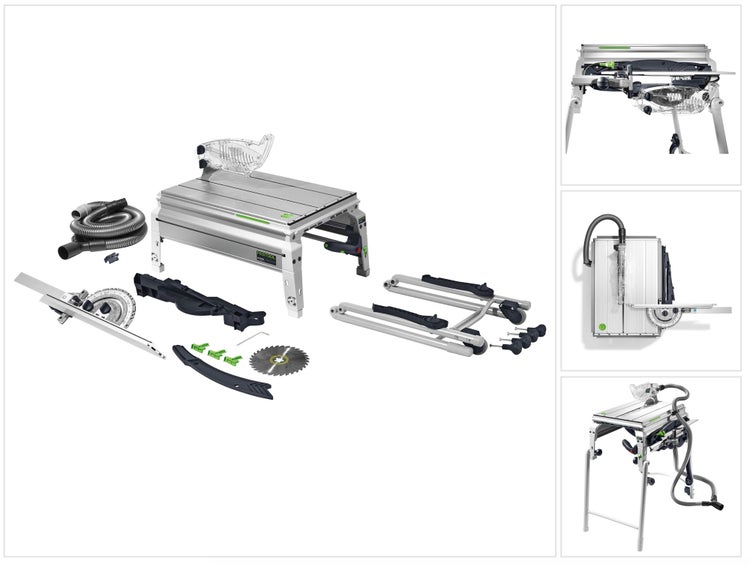 Festool Tischzugsage mit klappbarem Untergestell, Absaugschlauch, Winkelanschlag und Sägeblatt in verschiedenen Ansichten.