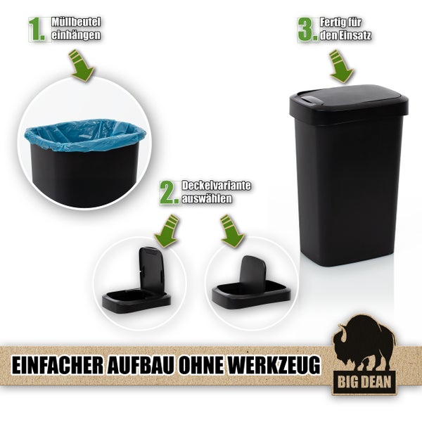 Anleitung zur Verwendung eines Mülleimers mit den Schritten: Müllbeutel einhängen, Deckelvariante auswählen, fertig für den Einsatz