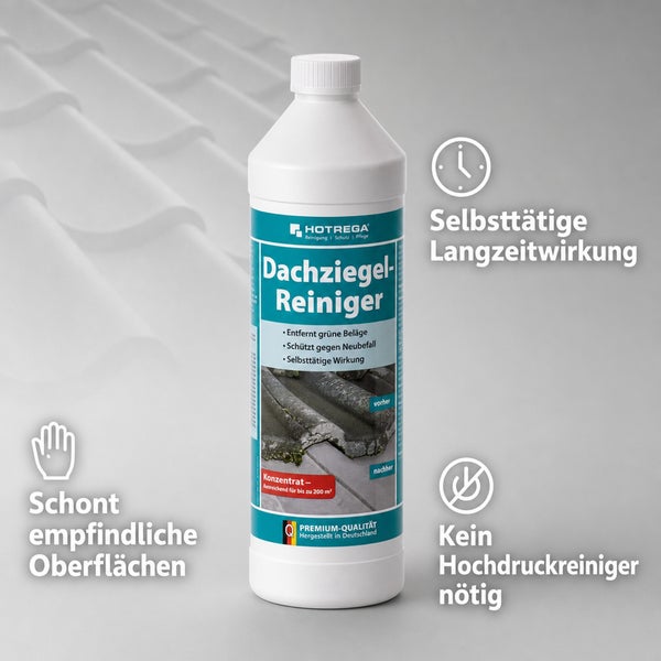 Hotrega Dachziegelreiniger Konzentrat zur Entfernung von Grünbelägen mit Langzeitwirkung, ohne Hochdruckreiniger anwendbar, schont Oberflächen.