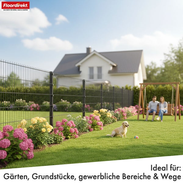 Drahtzaun um ein Gartengrundstück mit Blumenbeeten, Hund und Schaukel