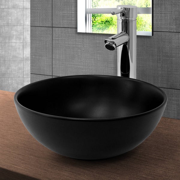 ML-Design Waschbecken aus Keramik in Schwarz matt Ø 32x13,5 cm Rund inkl. Ablaufgarnitur Silber, Moderne Aufsatzwaschbecken Waschtisch Waschschale Waschplatz Handwaschbecken, für Badezimmer/Gäste-WC