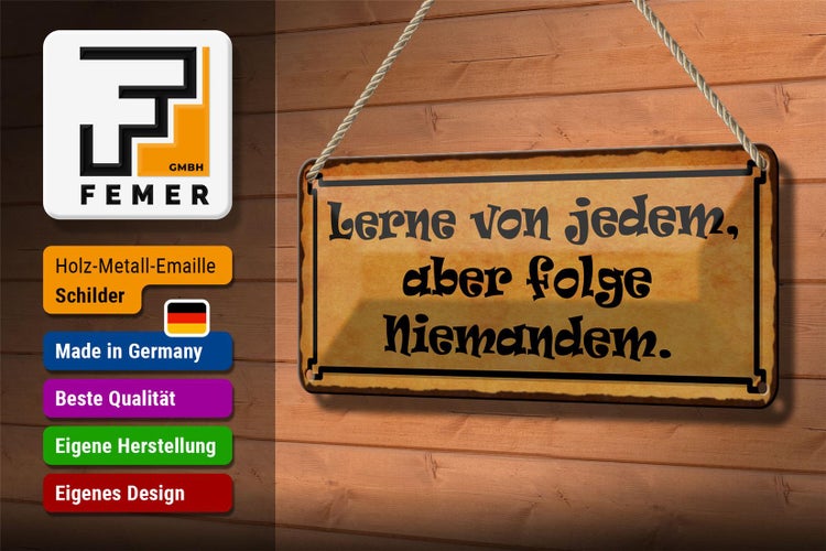 Blechschild Spruch 27x10cm lerne von jedem folge niemandem Dekoration