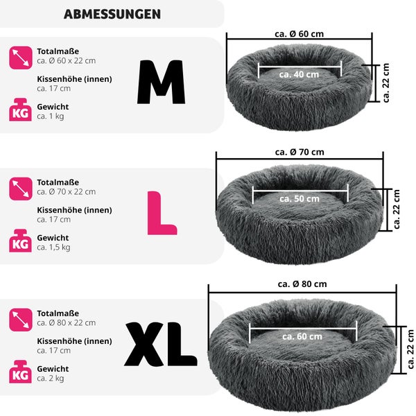 Abmessungen verschiedener Größen von Tierbetten