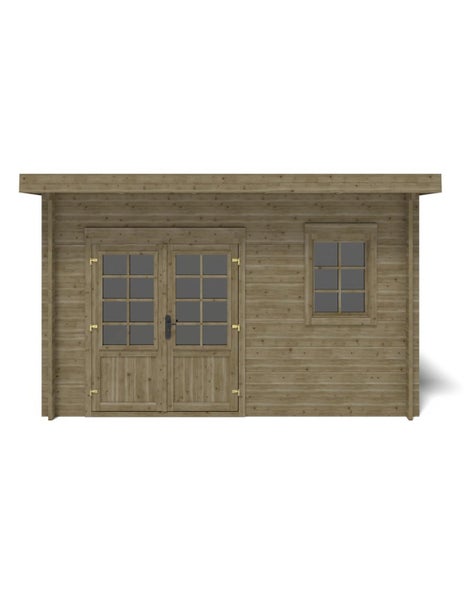 Gartenhaus aus Holz mit Pultdach, Doppeltür mit Sprossenfenstern und Einzelfenster.