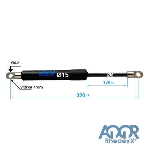 RhedeXX Gasfeder: Gesamtlänge 320 Millimeter, Hub 120 Millimeter, Zylinderdurchmesser 15 Millimeter, Kolbenstangendurchmesser 6 Millimeter.