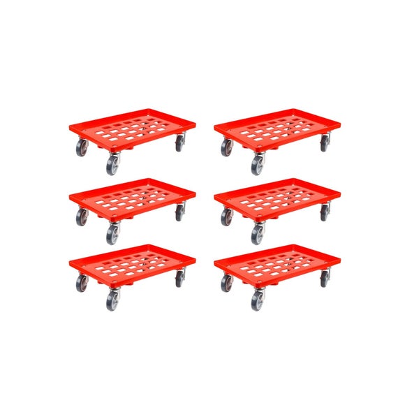 PROREGAL SparSet 6x Transportroller für Euroboxen 60 x 40 cm mit Gummiräder Rot Gitter/Rasterdeck 2 Lenkrollen und 2 Bockrollen Traglast 300 kg