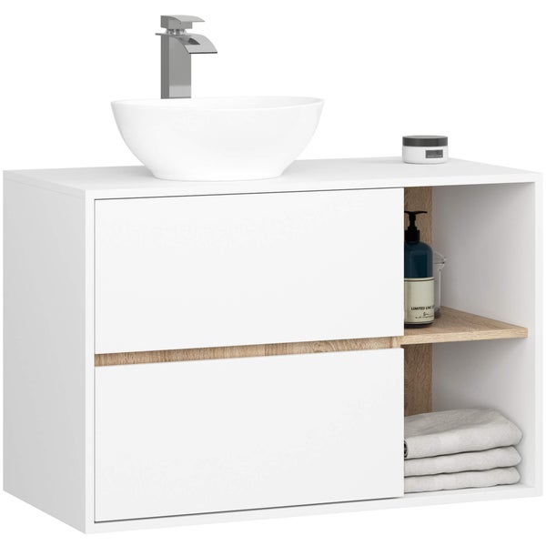 Waschtisch mit Aufsatzwaschbecken, zwei Schubladen und offenem Ablagefach für Badezimmer