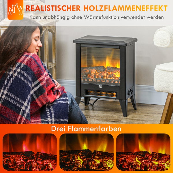 HOMCOM Elektrokamin Elektrischer Kamin mit Heizung, LED-Flammeneffekt, 1800 W Standkamin mit niedrigem Geräuschpegel, Überhitzungsschutz für Wohnzimmer, Schlafzimmer, Schwarz