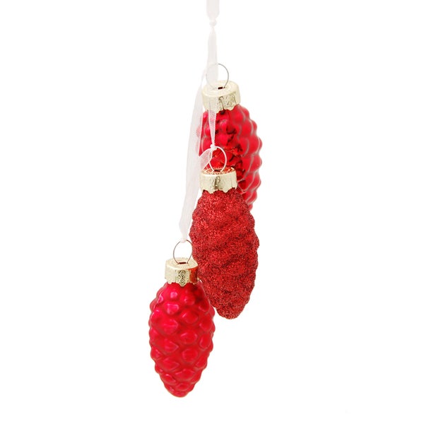 Rot glanz/Rot satin/Rot beglittert 6cm Set aus 2x3 Stück Minitannenzapfen mit Textilband (6), 3 Stck., Weihnachtsbaumkugeln, Christbaumschmuck, Weihnachtsbaumanhänger