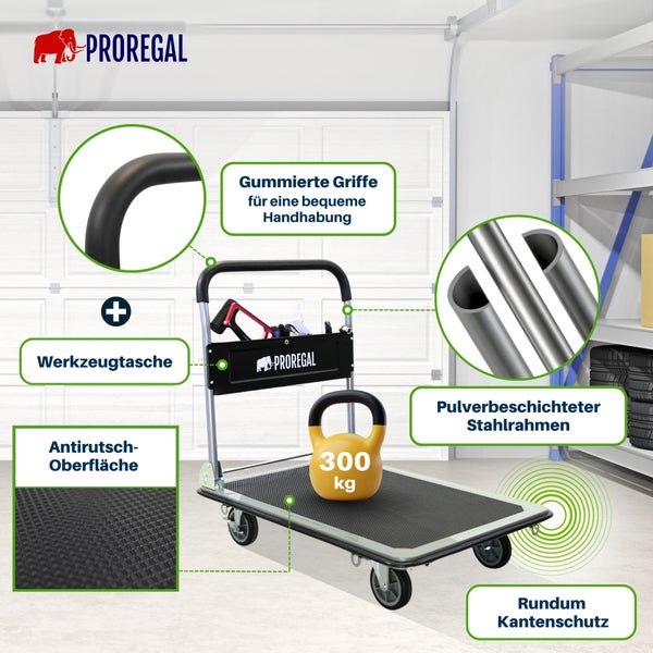 Proregal Logo. Plattformwagen, 300 Kilogramm Traglast, Werkzeugtasche, gummierter Griff, Stahlrahmen, Kantenschutz und Antirutsch-Oberfläche.