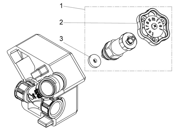 Technische Zeichnung einer Ventilbaugruppe mit nummerierter Explosionsdarstellung von Handrad, Oberteil und Dichtung.