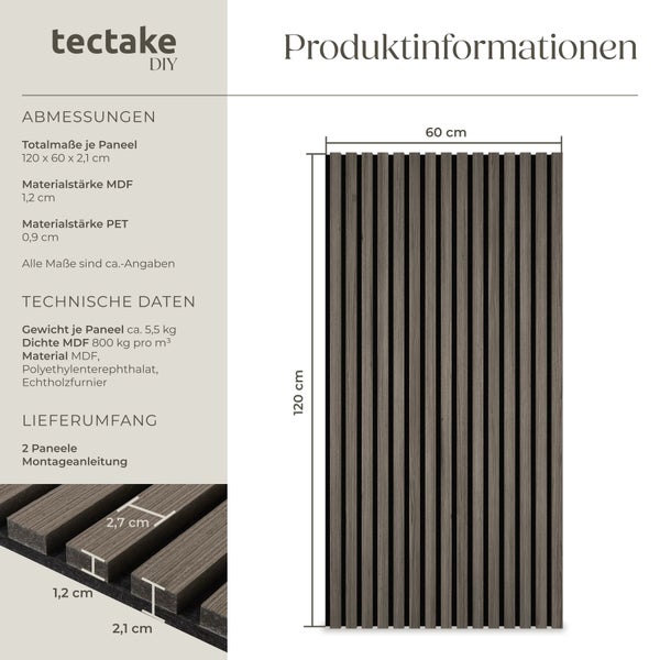 tectake DIY Akustikpaneel Produktblatt mit circa Maßen 120 mal 60 mal 2,1 Zentimeter, Material MDF und PET sowie Lieferumfang von 2 Paneelen.