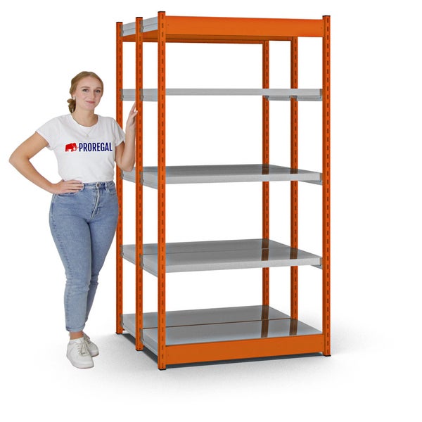 PROREGAL Fachbodenregal Stecksystem Vierkant-Profil Grundregal HxBxT 200 x 102,5 x 40 cm 2x5 Ebenen Doppelseitige Bauart Fachlast 200 kg Orange