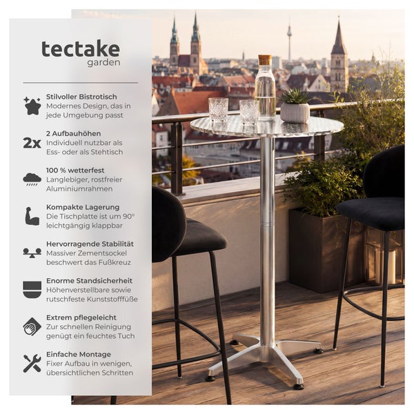 tectake garden Bistrotisch aus Aluminium, wetterfest, höhenverstellbar und klappbar, auf einer modernen Dachterrasse mit Stadtblick.