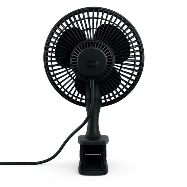 Clip-Ventilator in Schwarz, Rückansicht, mit Befestigungsklammer und Netzkabel.