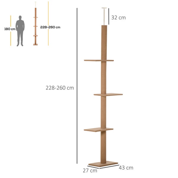 PawHut Kratzbaum Deckenhoch, 228-260 cm Höhenverstellbarer Katzenbaum Kletterbaum für Katzen mit 3 Ebenen, Katzenkratzbaum, Spielbaum vom Boden bis zur Decke Hellbraun