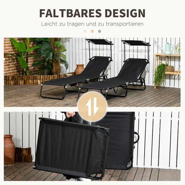 Moderne klappbare Gartenliegen mit Sonnendach auf einer Holzterrasse mit Pflanzen, unten im kompakten, zusammengeklappten Zustand zum Tragen.