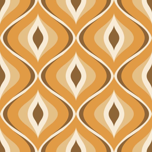 Retro-Tapetenmuster mit geschwungenen, tropfenförmigen Motiven in einem sich wiederholenden Design der siebziger Jahre.