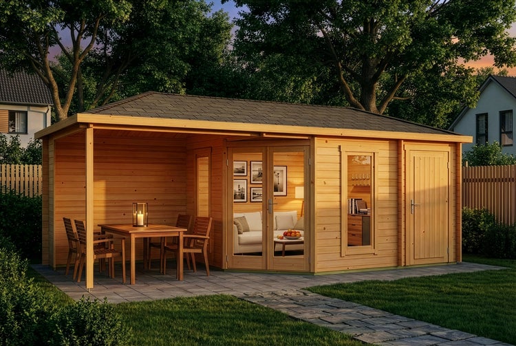 Holzgartenhaus mit Terrasse und Doppeltür