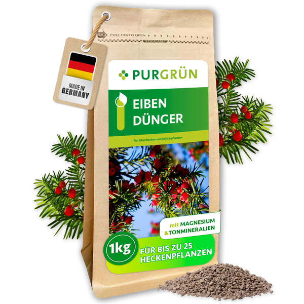 PURGRÜN Eibendünger in 1 Kilogramm Packung für Hecken und Solitärpflanzen mit Magnesium und Tonmineralien Made in Germany