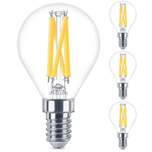 Philips LED Lampe ersetzt 60W, E14 Tropfenform P45, klar, warmweiß, 810 Lumen, dimmbar, 4er Pack