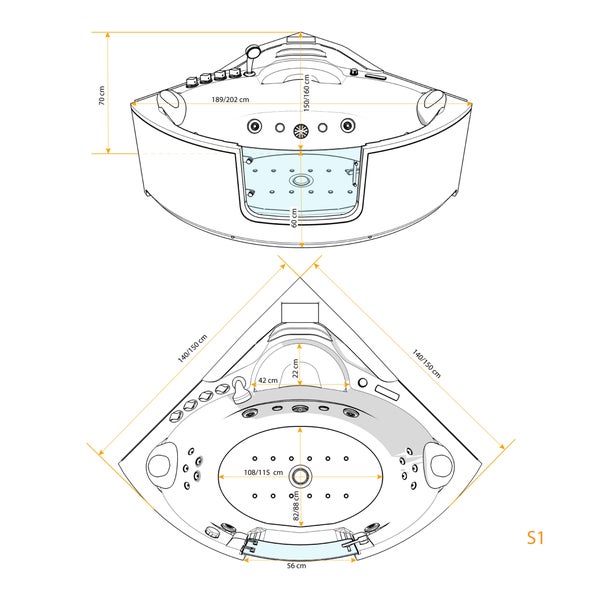 Technische Zeichnung einer Eck-Whirlpool-Badewanne mit Maßangaben in Zentimeter.