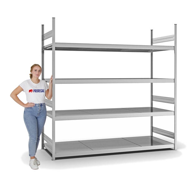 PROREGAL Weitspannregal Stecksystem T-Profil Grundregal HxBxT 250x250x80 cm 4 Ebenen Stahlplatten Fachboden Fachlast 350 kg Verzinkt