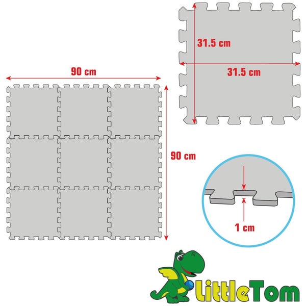 Maße der Puzzlematten: Gesamtfläche 90 mal 90 Zentimeter, Einzelstück 31,5 mal 31,5 Zentimeter, Dicke 1 Zentimeter. LittleTom Logo.